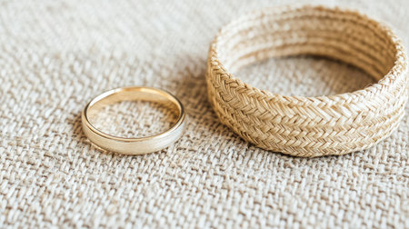 This image features a delicate gold ring placed next to a woven straw bracelet, showcasing natural textures and elegant craftsmanship.の素材