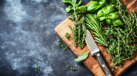 A beautifully styled arrangement of fresh herbs on a wooden cutting board, paired with a sharp knife, perfect for culinary enthusiasts and food lovers.の素材