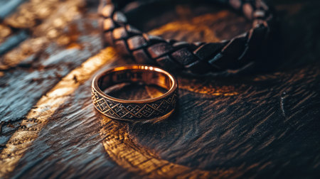 A striking gold ring rests next to a modern leather bracelet on a beautifully grained wooden surface, creating a perfect blend of elegance and style.の素材