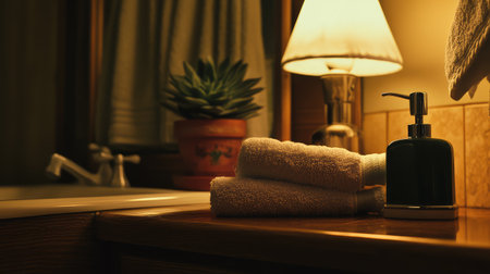 This cozy bathroom scene captures a serene atmosphere with elegantly arranged towels, a lush green plant, and warm lighting, perfect for relaxation.の素材