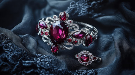 A stunning jewelry set featuring a ruby-studded bracelet and matching ring, elegantly displayed on dark velvet fabric, perfect for special occasions.の素材