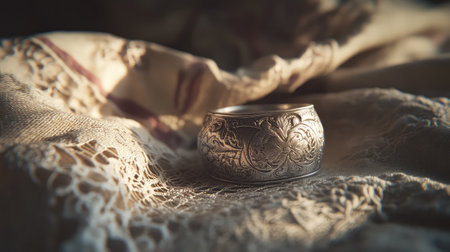 An exquisite silver ring rests elegantly on a soft fabric background, featuring delicate lace. The soft lighting highlights its intricate designs, perfect for themes of romance and vintage elegance.の素材