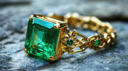 This exquisite gold ring showcases a vibrant emerald gemstone, surrounded by intricate detailing, set against a natural stone backdrop. Perfect for showcasing elegance.の素材