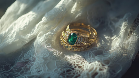 A stunning display of gold rings featuring a prominent emerald gemstone rests on a soft lace fabric, highlighting elegance and luxury through macro photography.の素材