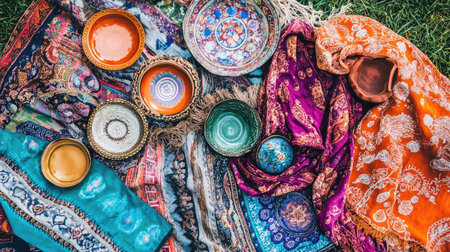 A vibrant arrangement featuring colorful textiles and unique ceramic bowls on the grass, representing various cultural heritage and artistic expressions.の素材