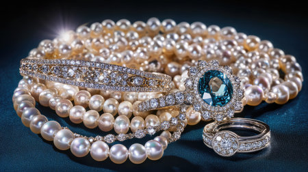 A breathtaking arrangement of pearl and diamond jewelry showcasing a luxurious aesthetic. The close-up captures the intricate designs and sparkling details that highlight the opulent quality of each piece, set against a rich, dark background for a striking contrast.の素材