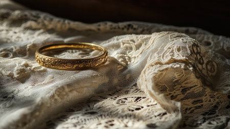 A stunning gold bangle elegantly positioned on a soft, vintage lace fabric, showcasing intricate details against a warm, inviting background.の素材