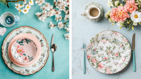 A stunning table setting featuring elegant floral dinnerware with pastel hues, complemented by fresh blooms and a charming tea cup, perfect for any occasion.の素材