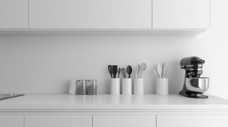 This image showcases a modern minimalist kitchen featuring a sleek black mixer and white utensil holders on a clean countertop. The design emphasizes simplicity and organization, creating an elegant cooking space.の素材