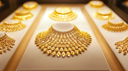 This image features a stunning array of intricate golden necklaces, beautifully displayed to highlight their elegance and artistry, perfect for showcasing fine craftsmanship.の素材