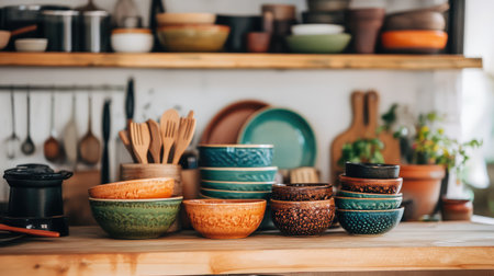 A vibrant collection of ceramic bowls and kitchen utensils set on a rustic wooden shelf, showcasing the beauty of culinary craftsmanship in a cozy kitchen atmosphere.の素材