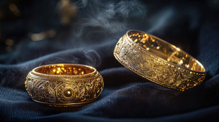 Discover the beauty of elegant gold rings featuring intricate designs, softly enveloped in smoke, resting on a rich dark silk background, perfect for showcasing luxury.の素材