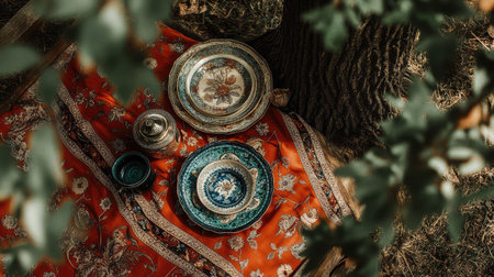 A captivating outdoor scene featuring vintage plates arranged on a richly colored fabric, surrounded by nature. Perfect for themes of elegance and heritage.の素材