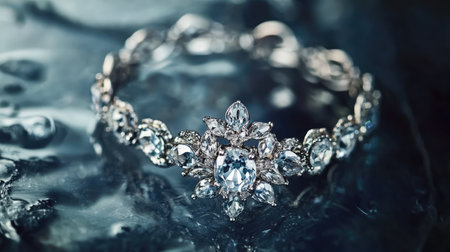 A stunning silver bracelet adorned with sparkling gems rests gracefully against a reflective water surface, showcasing elegance and impeccable craftsmanship.の素材