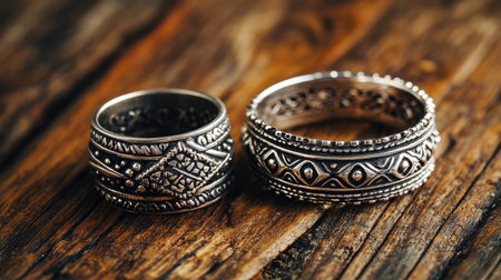 This stunning close-up showcases two intricate silver rings featuring beautiful patterns, placed elegantly on a rustic wooden surface, highlighting craftsmanship.の素材