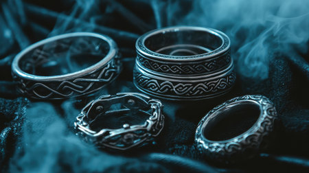 A striking collection of vintage silver rings displayed in a smoky environment, showcasing intricate designs and elegant craftsmanship. Perfect for jewelry lovers.の素材
