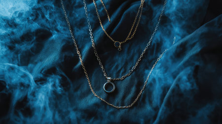 This captivating image features delicate gold chains and pendants artfully displayed on rich dark fabric, enhanced by swirling blue smoke. A perfect representation of elegance and style.の素材