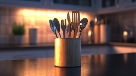 A stylish utensil holder placed on a countertop features a mix of wooden and metal cutlery. Warm lighting enhances the modern kitchen ambiance, showcasing organization and simplicity.の素材