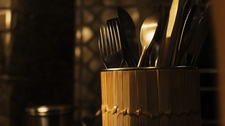 A beautifully arranged utensil holder filled with various knives, forks, and spoons. The soft lighting creates a warm and inviting atmosphere in the kitchen.の素材