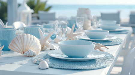 Experience the serenity of a coastal dining setting featuring elegant tableware, seashells, and a beautiful ocean backdrop, perfect for summer gatherings.の素材