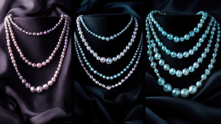 Discover an exquisite arrangement of three lustrous pearl strands atop a sleek black satin backdrop. This elegant display highlights the unmatched beauty and sophistication of pearls, perfect for fashion enthusiasts and jewelry lovers.の素材