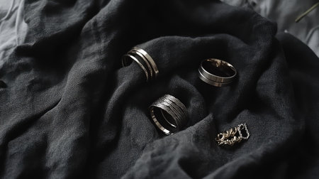 This image features an exquisite collection of unique rings and jewelry pieces displayed artistically on a textured black fabric. The elegant design highlights luxury and sophistication, perfect for fashion-themed projects.の素材