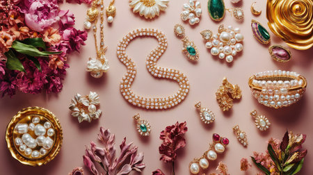 A stunning flat lay arrangement showcasing an array of elegant jewelry, including pearls and gemstones, surrounded by fresh flowers for a luxurious aesthetic.の素材