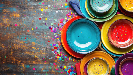 A vibrant display of colorful tableware including plates and bowls against a rustic wood surface, adorned with playful paint splatters and confetti, perfect for festive dining or party decoration.の素材