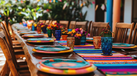 A vibrant outdoor dining setup featuring colorful tableware, lively flower arrangements, and a cheerful atmosphere, perfect for festive gatherings and celebrations.の素材