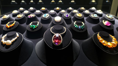 A stunning array of jewelry pieces showcasing a variety of gemstones and pearls elegantly arranged in a luxurious boutique setting.の素材