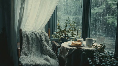 This atmospheric image captures a cozy indoor space featuring a chair draped with a blanket, a cup of tea, and snacks alongside a rainy window.の素材