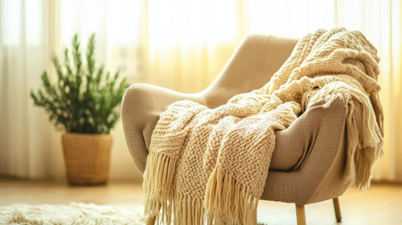 An inviting living room scene featuring a stylish chair draped with a soft, knitted blanket and a charming indoor plant, perfectly lit by gentle sunlight.の素材