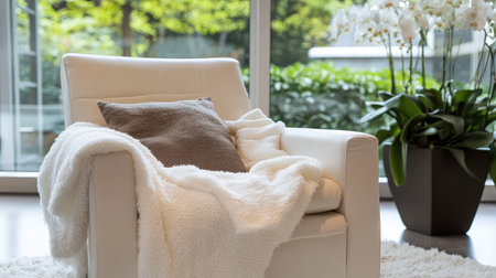A serene indoor scene featuring a stylish white armchair draped with a fluffy blanket and decorated with a soft pillow, surrounded by lush greenery.の素材