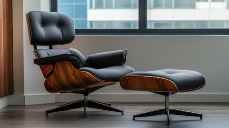 A modern black lounge chair with a wooden frame and a matching ottoman creates a cozy and stylish atmosphere in this bright interior space.の素材