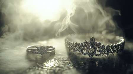This captivating image features an elegant silver ring and tiara adorned with intricate designs, bathed in soft light and surrounded by mystical smoke, creating a dreamy atmosphere.の素材