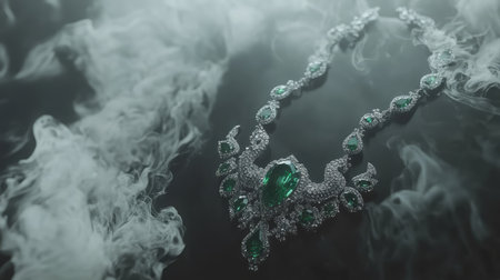 This stunning emerald necklace adorned with diamonds showcases exquisite craftsmanship against a dramatic smoky background. Perfect for luxury visuals.の素材