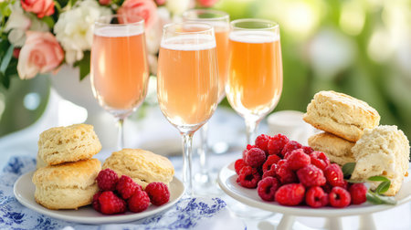 Delight in a charming afternoon tea setting showcasing flaky scones, fresh raspberries, and sparkling drinks, perfect for summer celebrations and gatherings.の素材