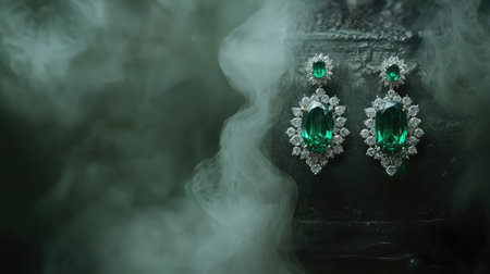 A captivating image of exquisite green gemstone earrings adorned with sparkling diamonds, surrounded by an ethereal mist, showcasing luxury and elegance.の素材