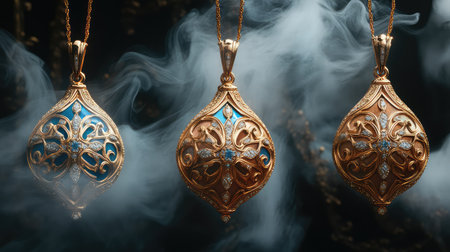 Capture the essence of elegance with these decorative vintage pendants featuring intricate gold designs and vibrant blue stones against a dark smoky backdrop.の素材