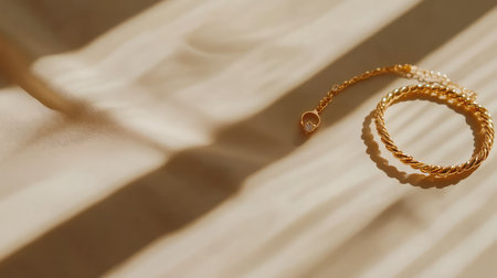 This stunning close-up features an elegant golden bracelet delicately placed on soft fabric, showcasing beautiful shadows and warm light that enhance its luxurious design.の素材