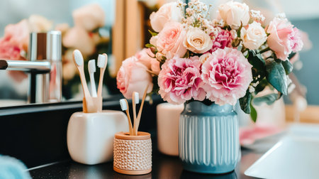 Brighten your bathroom space with this elegant display featuring fresh flowers in soft colors, stylish accessories, and a serene atmosphere perfect for relaxation.の素材