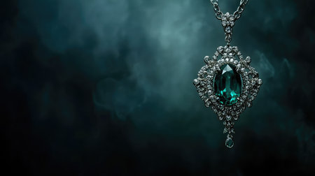 A stunning emerald pendant surrounded by sparkling diamonds hangs gracefully against a dark background, exuding elegance and luxury. Perfect for fashion enthusiasts and jewelry lovers.の素材