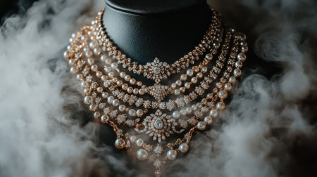 A stunning multi-layered necklace featuring pearls and diamonds, set against a smoky backdrop, showcasing luxurious design and elegant craftsmanship.の素材