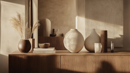 A beautifully curated arrangement of vases and decor items showcasing minimalist design, warm textures, and natural elements, ideal for modern interiors.の素材