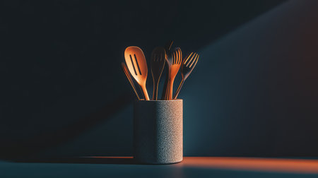 This captivating image portrays a stylish collection of wooden kitchen utensils elegantly arranged in a modern container. The interplay of blue and orange light creates a warm and inviting atmosphere, perfect for any culinary enthusiast.の素材
