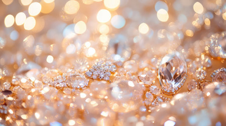 A mesmerizing close-up image showcasing luxury gems and crystals with a soft bokeh background. The scene captures the elegance and brilliance of these sparkling treasures, creating a captivating atmosphere ideal for sophisticated design projects.の素材