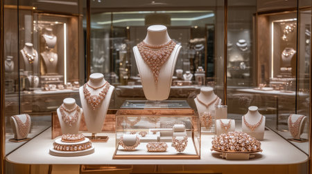 A stunning array of luxurious jewelry displayed in an upscale boutique, featuring intricately designed necklaces and bracelets that captivate with their elegance and shine.の素材