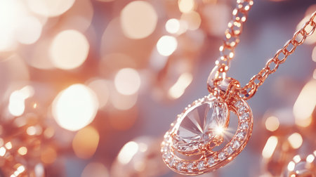 This stunning close-up captures the intricate details of a rose gold necklace featuring a sparkling gemstone, perfect for showcasing elegance and luxury.の素材
