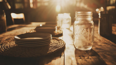 A serene rustic table setting featuring an empty mason jar and stacked plates, illuminated by warm sunlight, creating an inviting atmosphere for meals.の素材