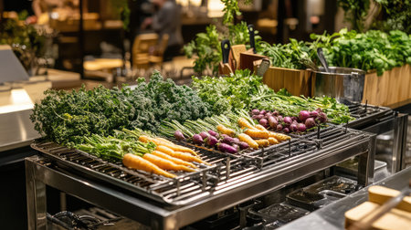 A beautifully arranged display of freshly harvested vegetables on a grill rack showcases vibrant colors and textures in a modern kitchen environment. Perfect for culinary enthusiasts, this image captures the essence of healthy cooking and fresh ingredients.の素材